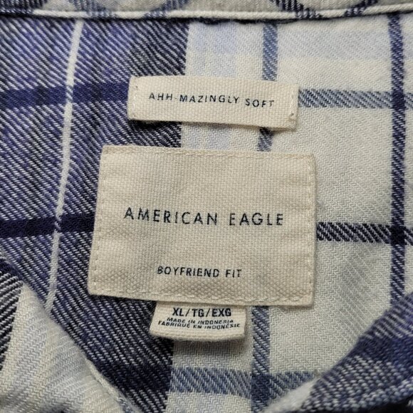 American Eagle Plaid Flannel Button-Up Shirt  Blue White Boyfriend Fit XLarge - Picture 4 of 10